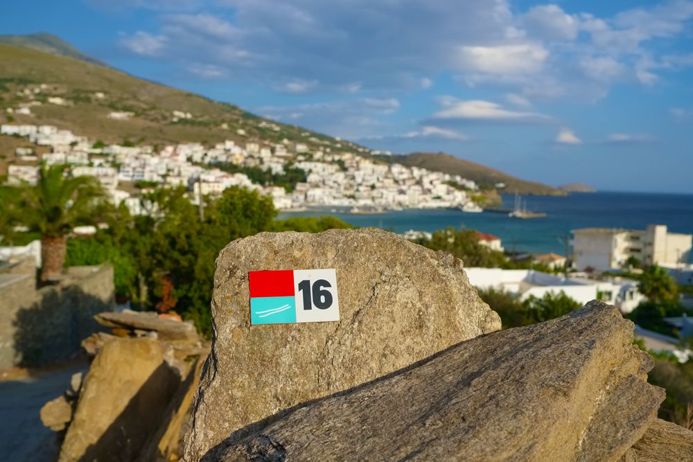 Waymark of Trail 16 on a rock above Batsi, Andros